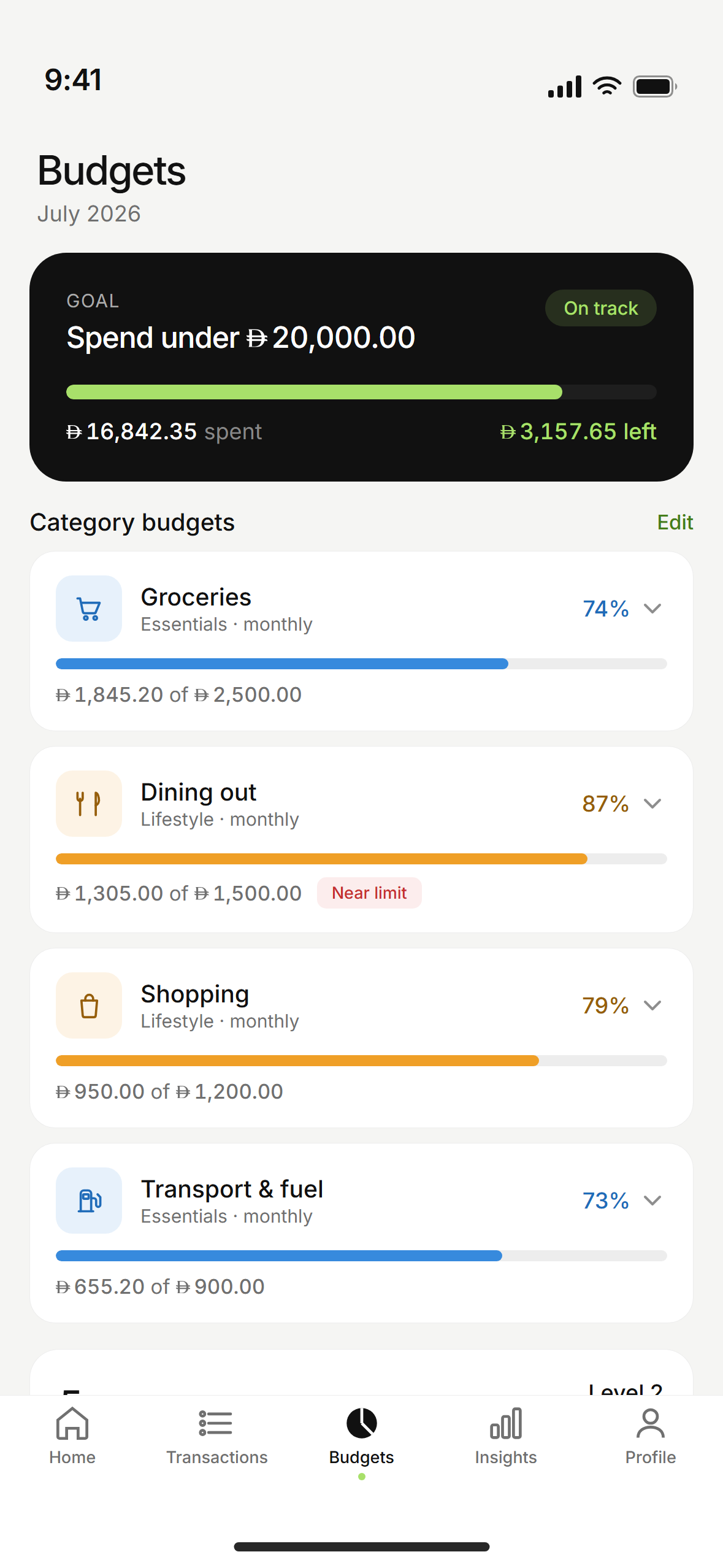maali Budgets, showing budget lines and category amounts.