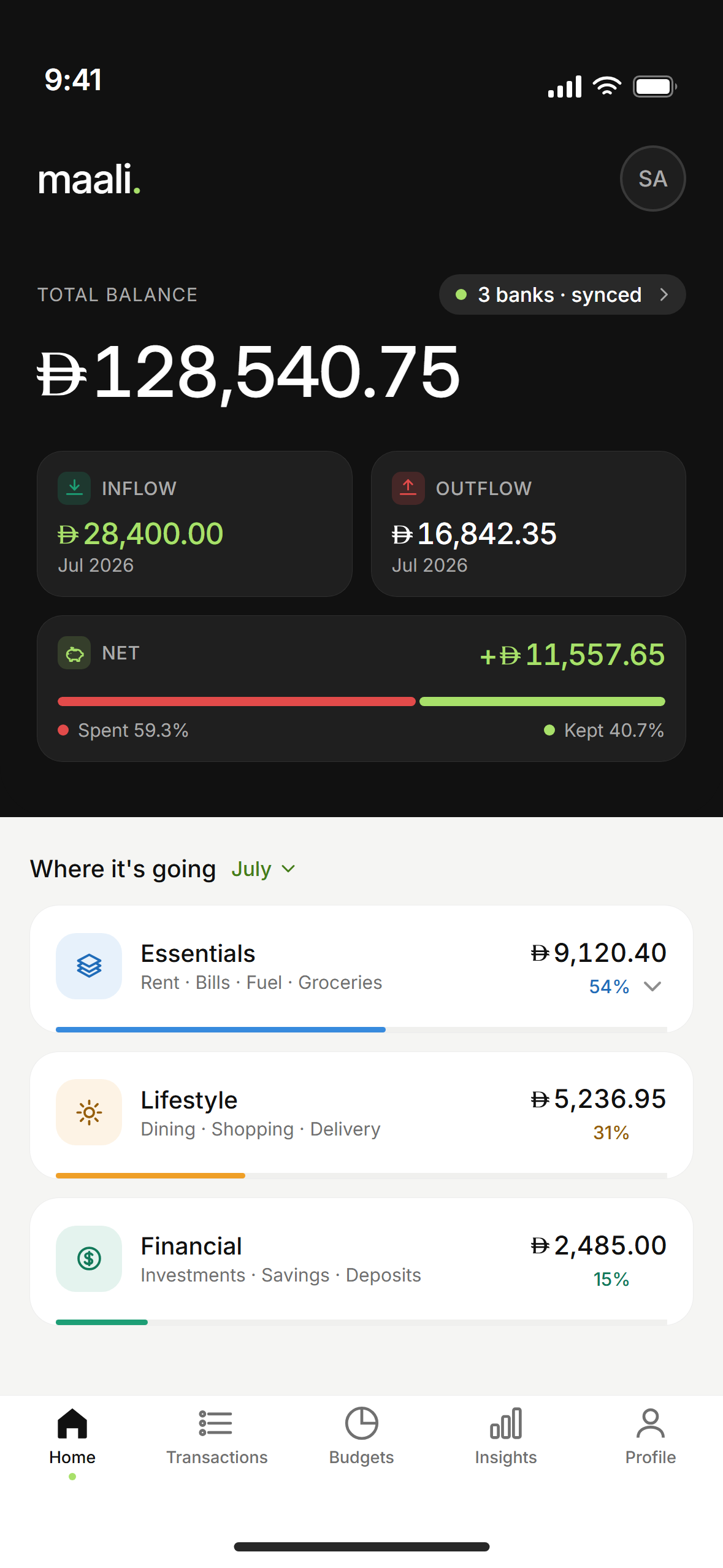 maali Home, showing accounts and the three spending categories.
